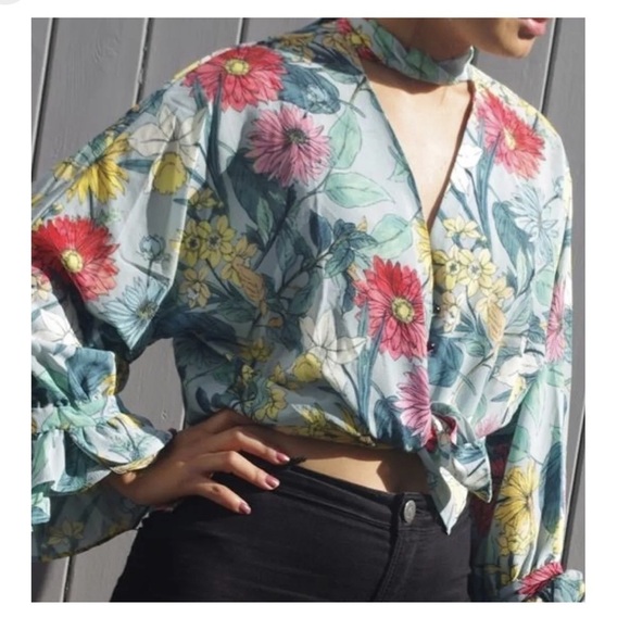 ZARA Basic Collection Green Floral Bow Blouse - Picture 4 of 9